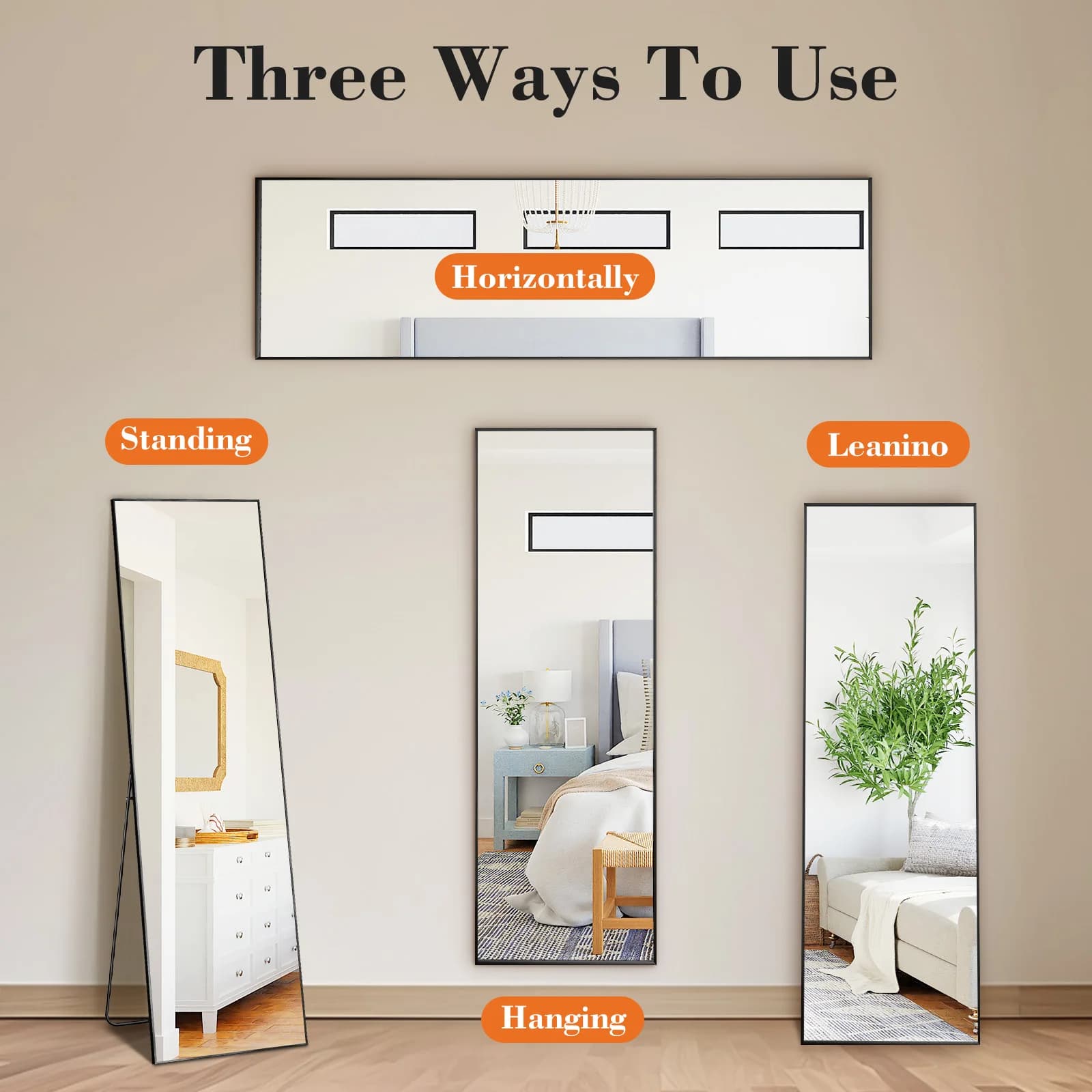 JHK 64 "x 21" miroir mural complet miroirs muraux suspendus ou inclinés avec support cadre en alliag