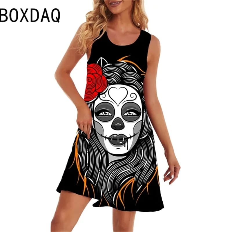 Robe d'été imprimée tête de mort 3D pour femmes, robes de plage en fibre, grande taille, robe trapèz