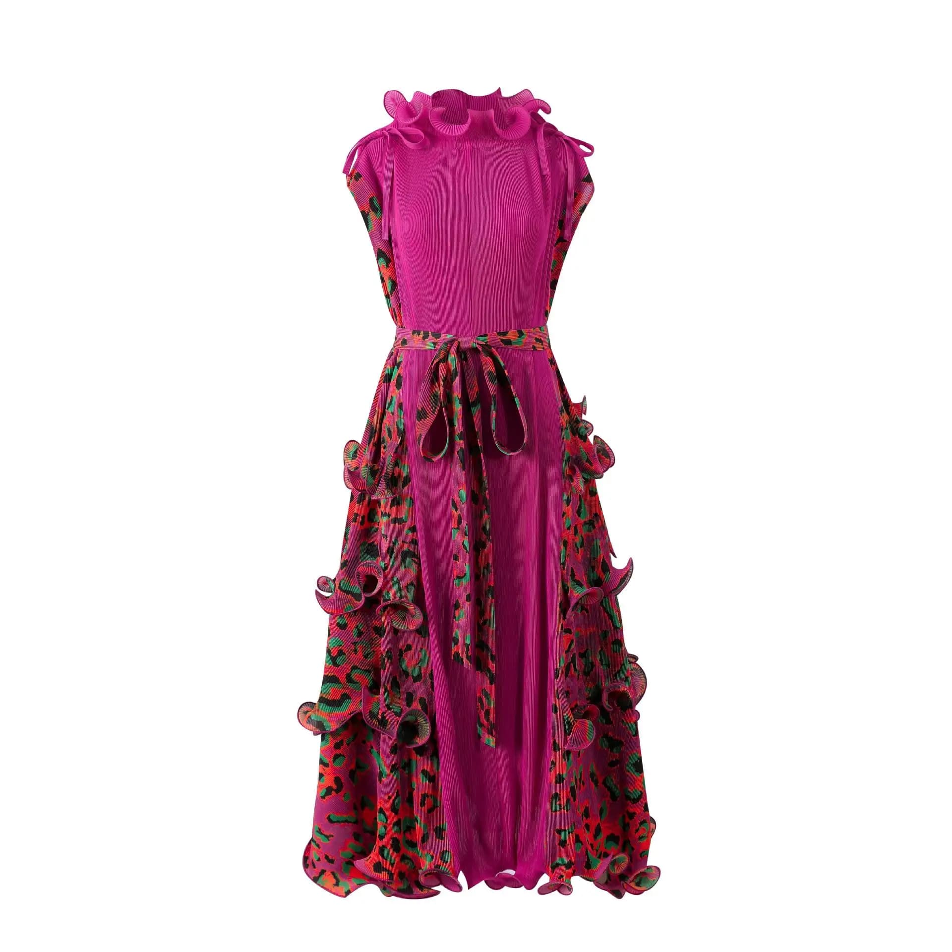 Ata Yake-Robe longue plissée à imprimé léopard pour femme, motif tendance, ceinture en fibre, décont