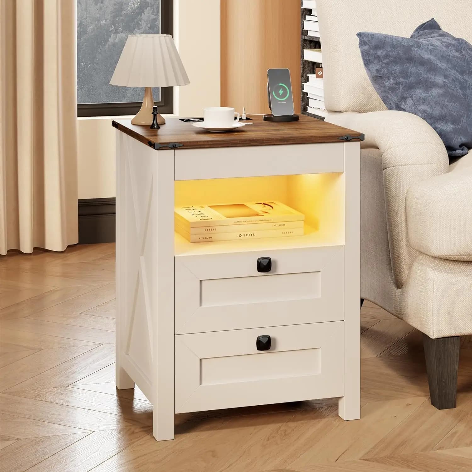 Ensemble de 2 tables de chevet LED avec tiroir pour armes à feu : Table de chevet avec station de ch