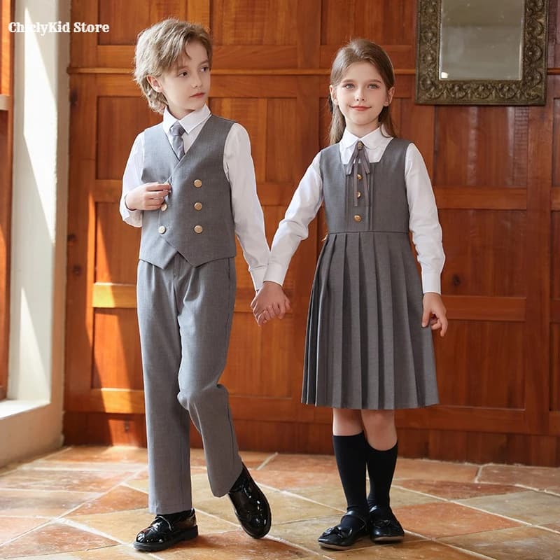 Garçons britannique Double boutonnage gilet costume pantalon filles robe enfants étudiant vêtements 