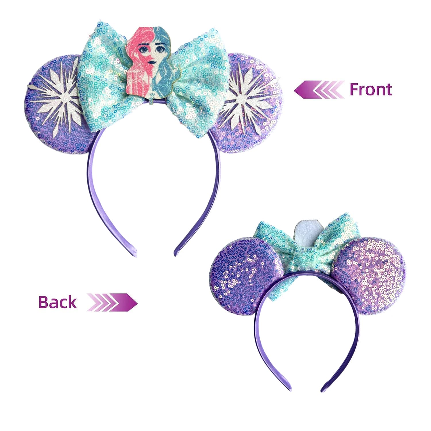 Bandeau d'oreille Elsa Mickey Mouse la reine des neiges, cerceaux pour cheveux avec nœud violet scin