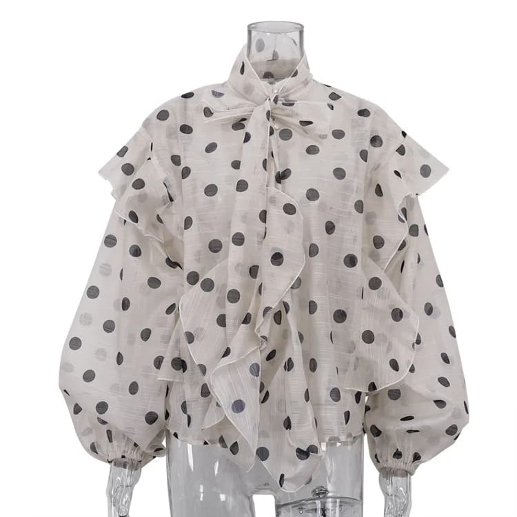 Nouvelle Blouse Femme Élégante Beige Imprimée 2026, Décontractée, Col à Lacets, Manches Bouffantes, 