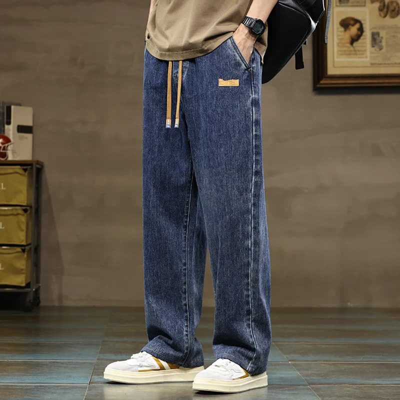 Jean ample à jambes droites pour hommes, bleu et gris, avec cordon de serrage, Streetwear décontract