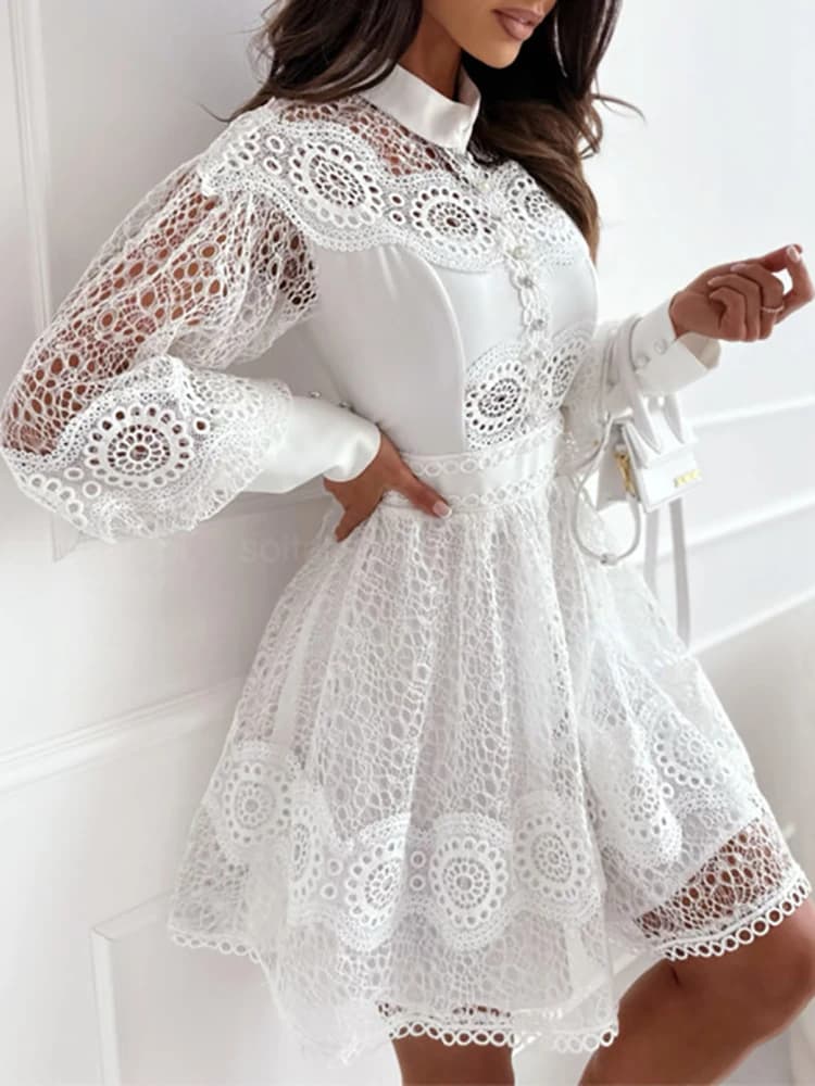 Mini robe à col rond pour femmes, couleur unie, vêtements de détente, mode, ajouré, manches lanterne