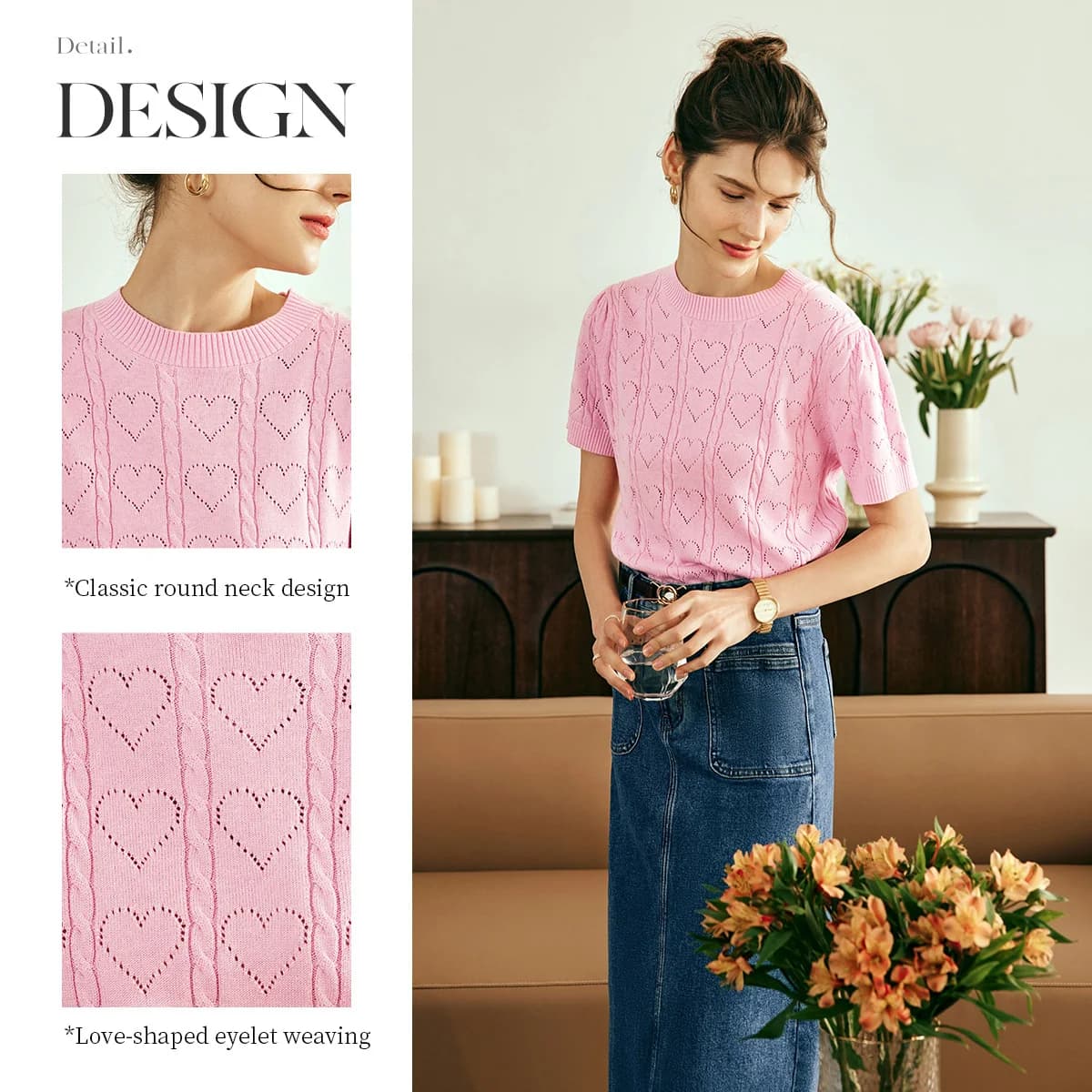 Pull-over OLrain pour femme, collection été 2026, style français, manches courtes, tricoté, col rond