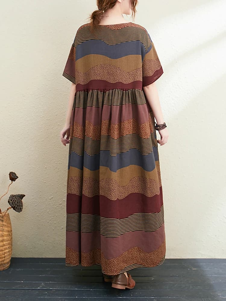 Nouvelle Robe Longue d'Été 2026 en Coton et Lin à Manches Courtes, Imprimé Rayé Vintage, Élégante po