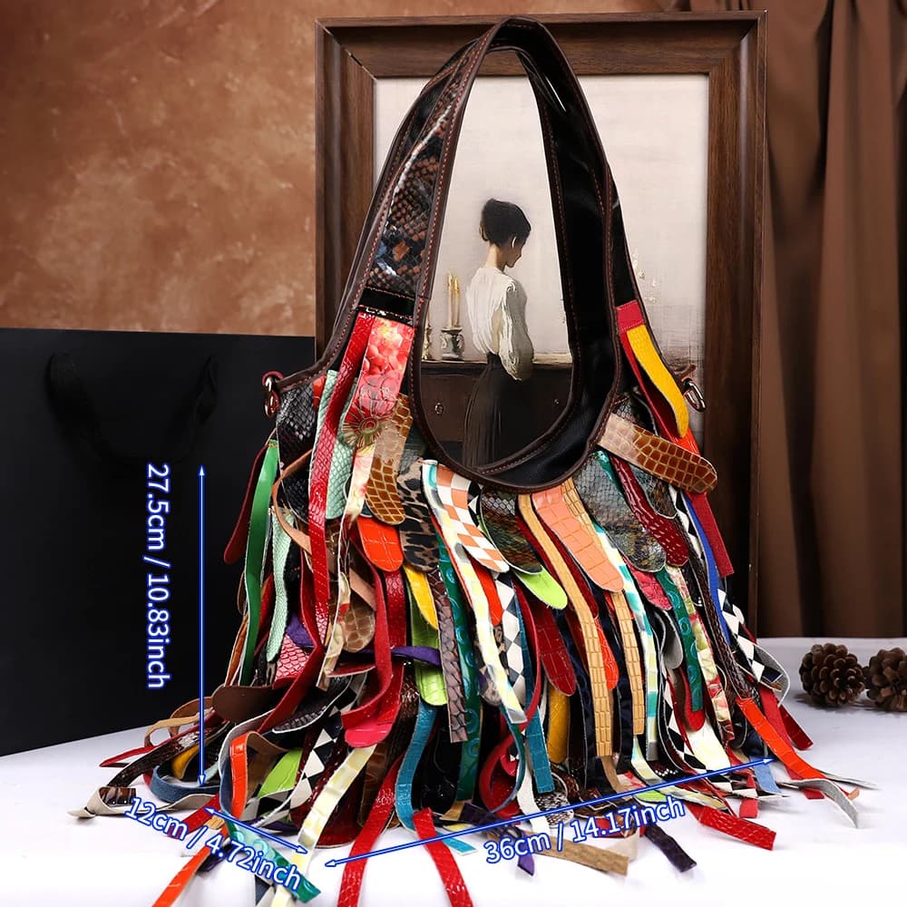 Sac à main en cuir véritable à franges pour femmes, fabriqué à la main, blocage de couleur, grande c