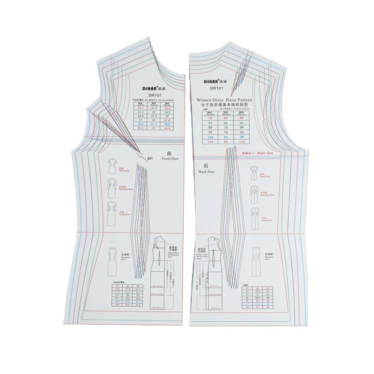Modèle de dessin de motifs de base pour la couture |   Modèle de bloc de robe maître multi-tailles p
