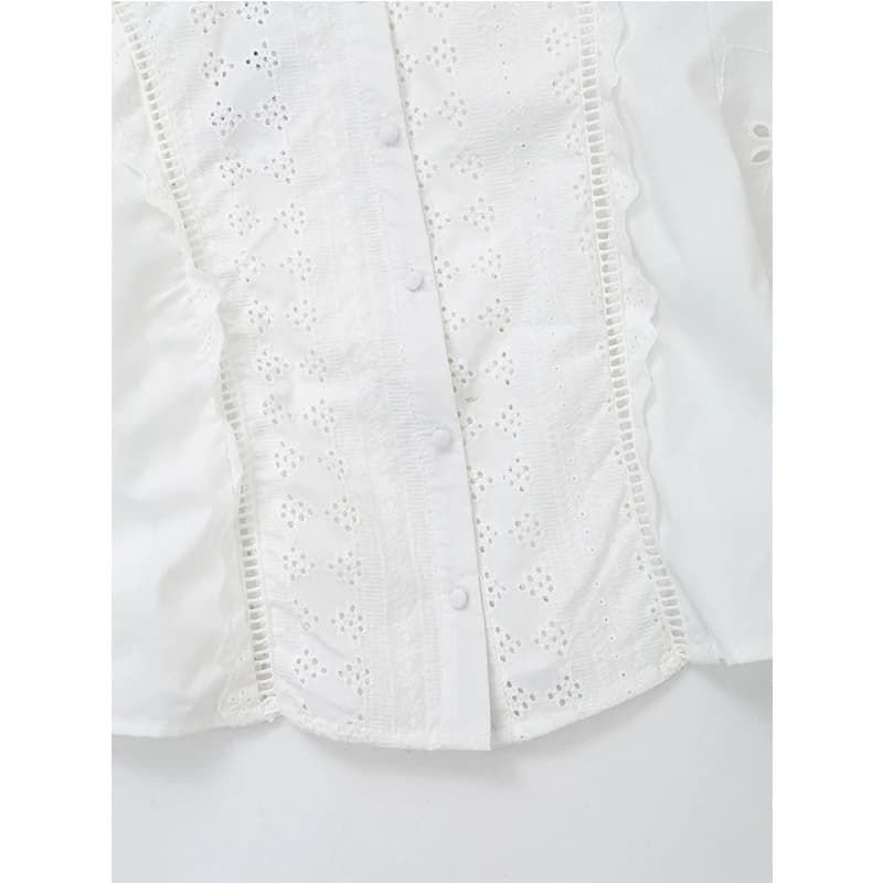 YENKYE-Chemisier blanc brodé évidé pour femme, manches longues, col rond, chemise courte femme, stre