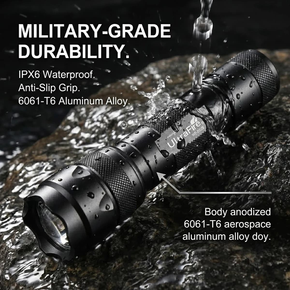 UltraFire WF-502B Lampe Torche Lumière Chaude Mode Unique 4000K 800 Lumens Jaune 18650 Rechargeable 