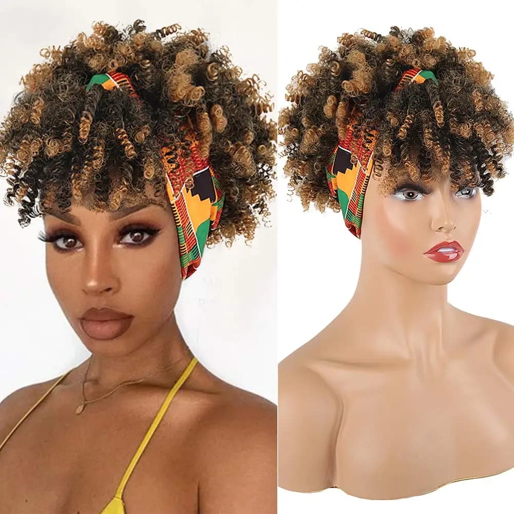 Perruque Afro bouclée crépue pour femmes, perruques synthétiques courtes avec bandeau attaché, perru