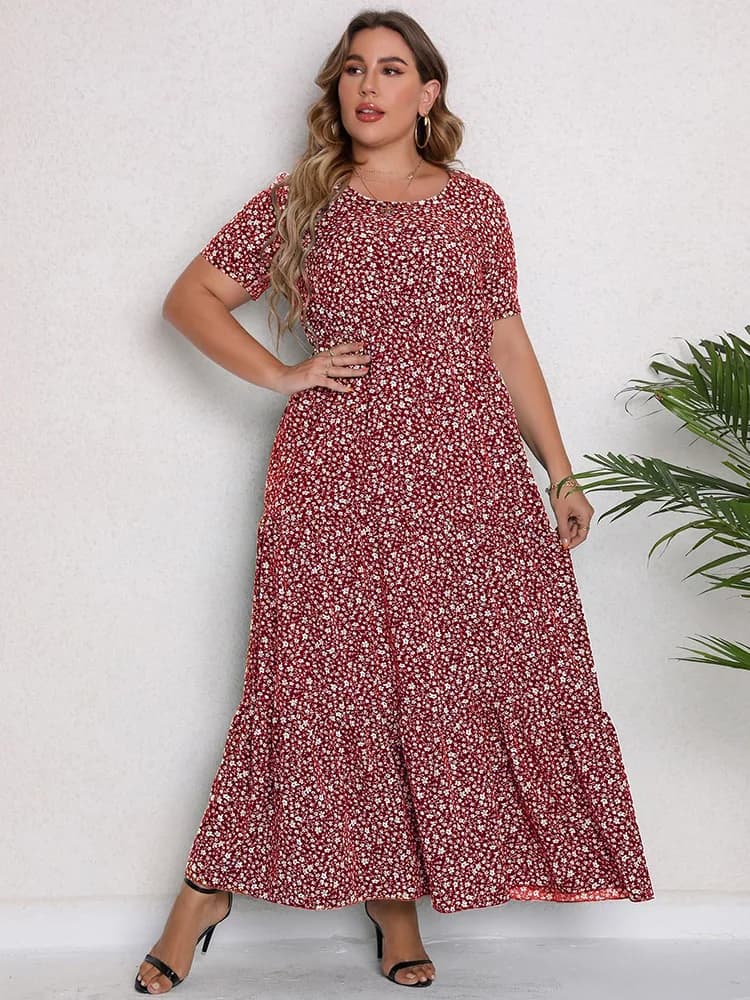 GIBSIE-Robe longue à volants pour femmes, grande taille, col rond, ourlet à fleurs, manches courtes,