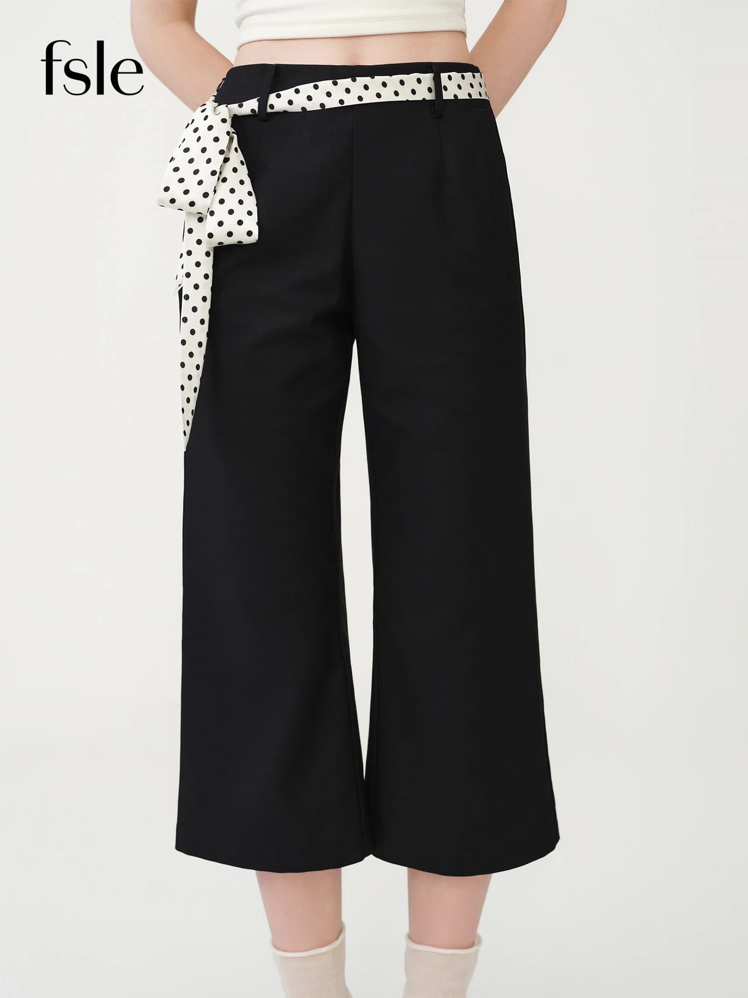 FSLE Pantalon décontracté taille basse à nouer à la taille, style rétro à pois, pour femme, nouvelle