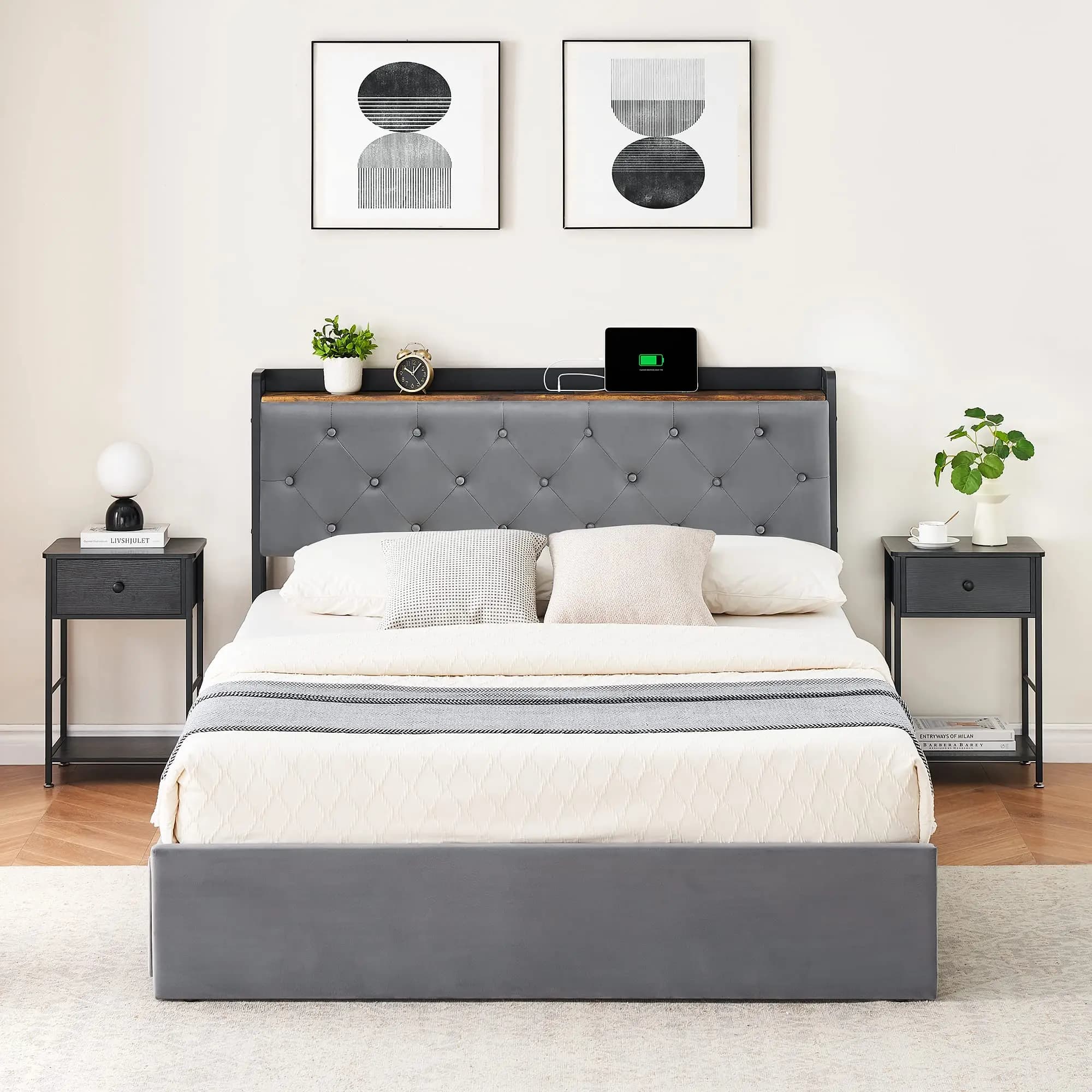 Cadre de lit avec 4 wers de proximité de stockage et station de recharge, avec planche de sauna de s