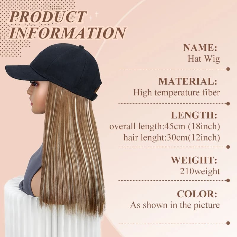 Perruque de chapeau synthétique avec cheveux noirs longs et lisses, Extension capillaire, Design tou