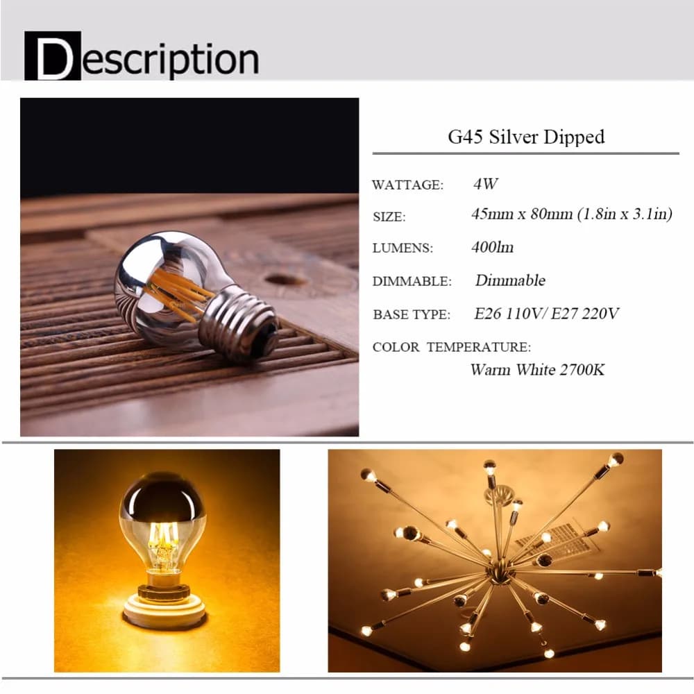 Ampoule Vintage à Intensité Réglable, Suspension à Filament Décoratif, Half Chrome, 4W, 2700K, 220V,