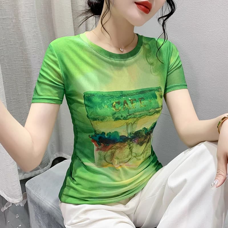 2023 été vert maille T-Shirts fille mode situé impression O cou à manches courtes t-shirt dame haute