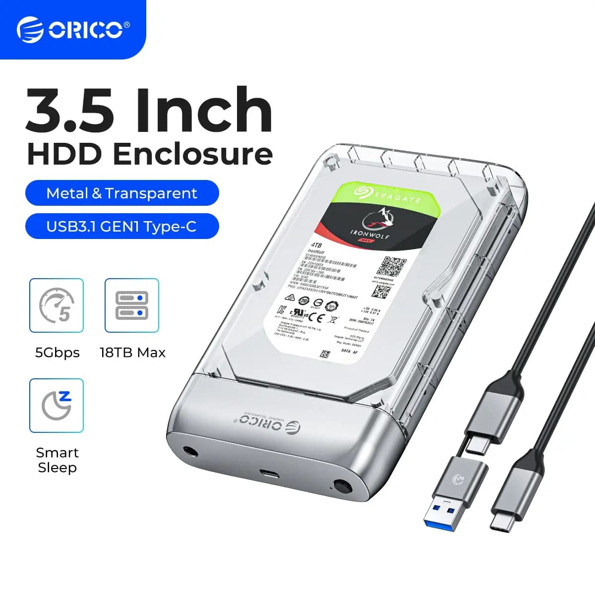 ORICO-Boîtier de disque dur transparent de type C, boîtier de disque dur en métal, prise en charge d