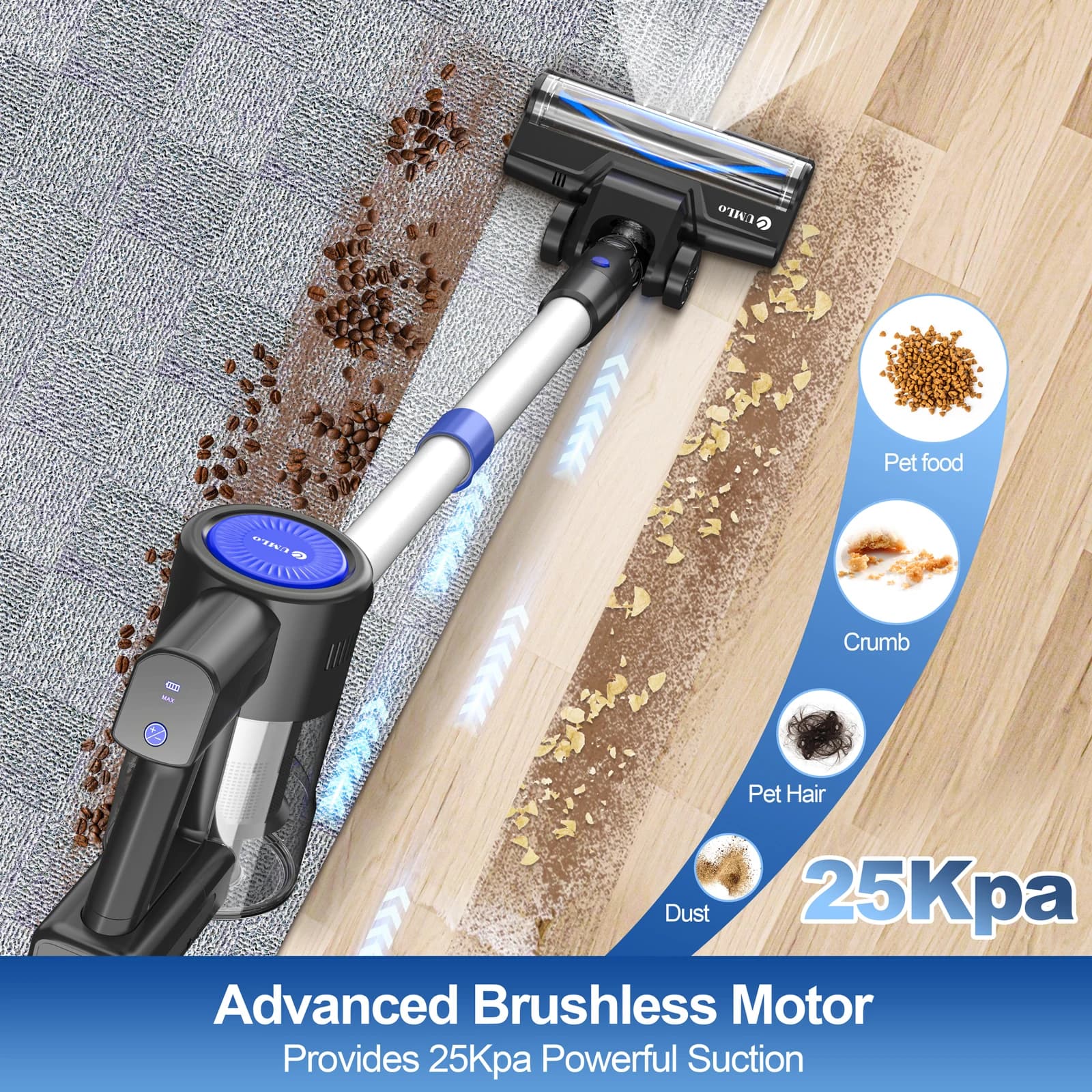 Aspirateur sans fil UMLO S500, aspirateur balai puissant de 25 km avec moteur sans balais, autonomie
