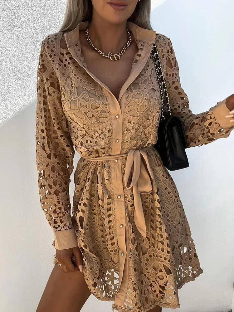 Mini robe vintage évidée pour femme, cardigan à col en V pour femme, manches longues, monochromatiqu