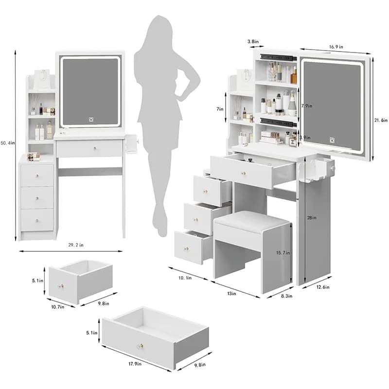 Support de sèche-cheveux tactile extra large, 2 AC + 2 USB Power Station, Table de chevet, Tabouret 