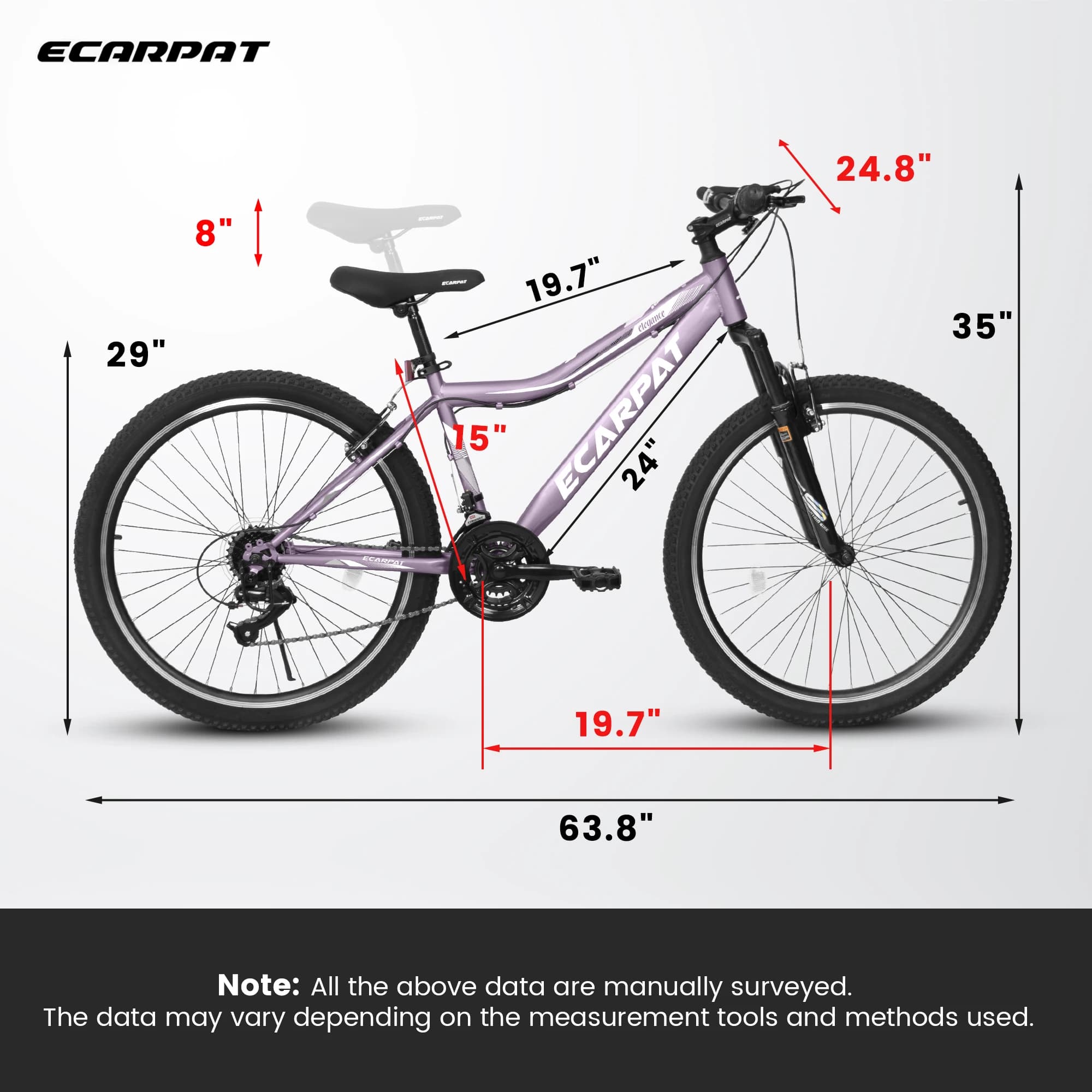 Ecarpat-Vélo de montagne pour femme, roue de 24 ", cadre en acier de 15", 21 vitesses, vélos de mont