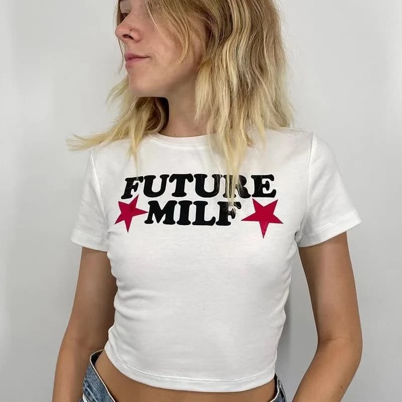90s FUTURE MILF Stars Imprimer T-shirts Mode Décontracté O Cou Manches Courtes Hauts Y2K D'été Sexy 