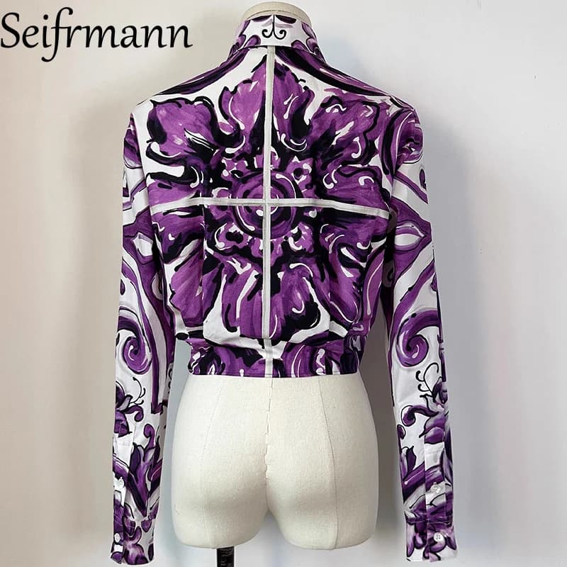 Seifrmann élégant femmes hauts col rabattu simple boutonnage à manches longues mode imprimé chemise 