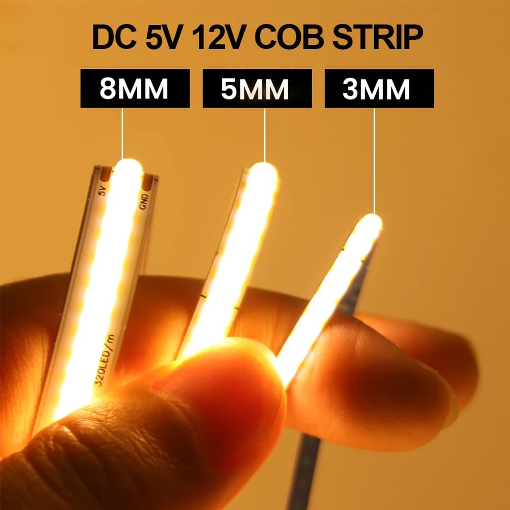 FOB COB LED bande lumineuse DC 5V 12V 320Led/M haute densité ruban Flexible RA90 3000K 4000K 6000K c