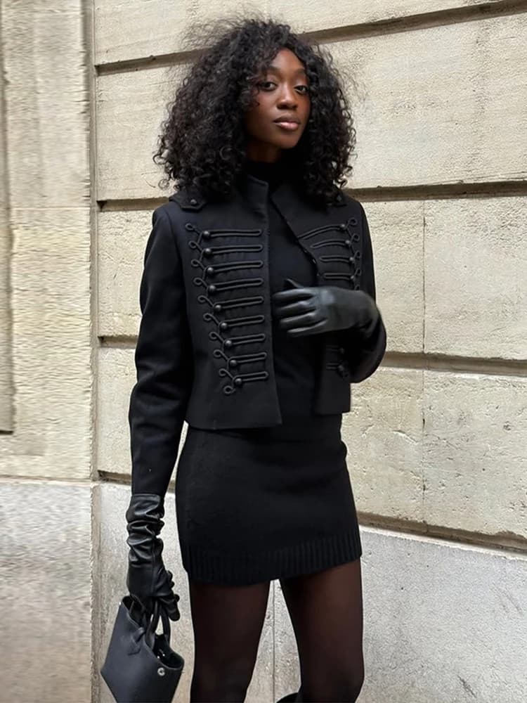 Veste Napoléon Chic pour Femme à Manches Longues, Col Montant et Boutons Cachés – Manteau Féminin Te