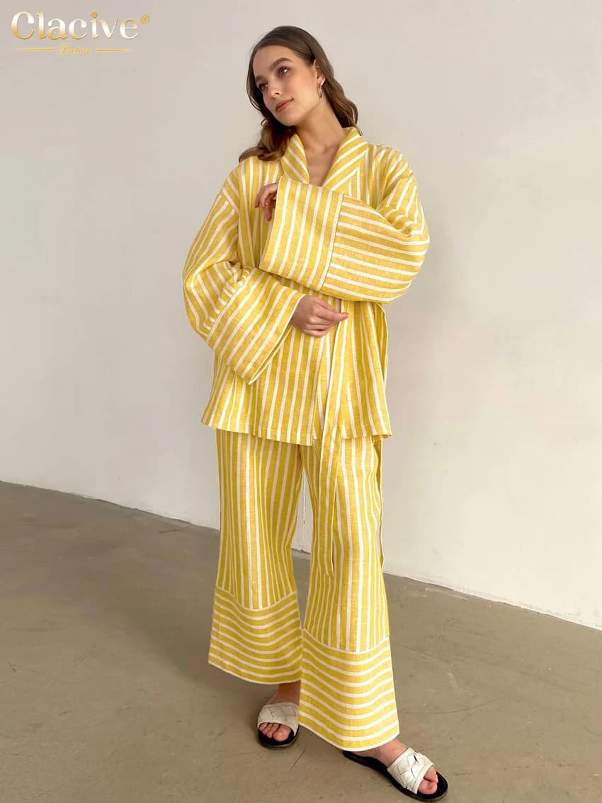 ClacMarkets-Costumes de maison à rayures jaunes décontractés pour femmes, ensemble 2 pièces, chemise