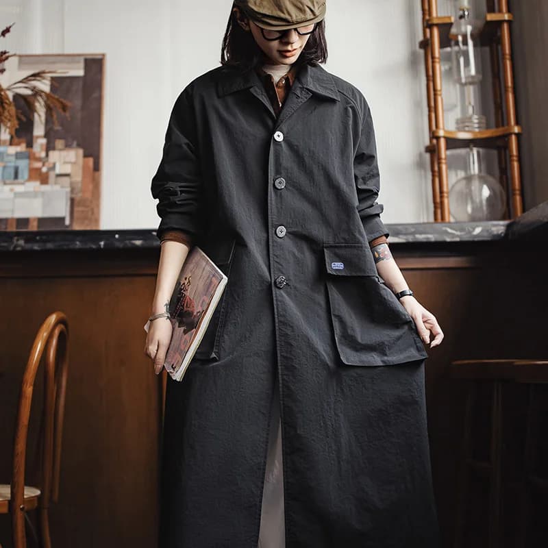Maden – manteau Balmacaan noir pour femme, col simple boutonnage, mi-long, coupe-vent, pour printemp