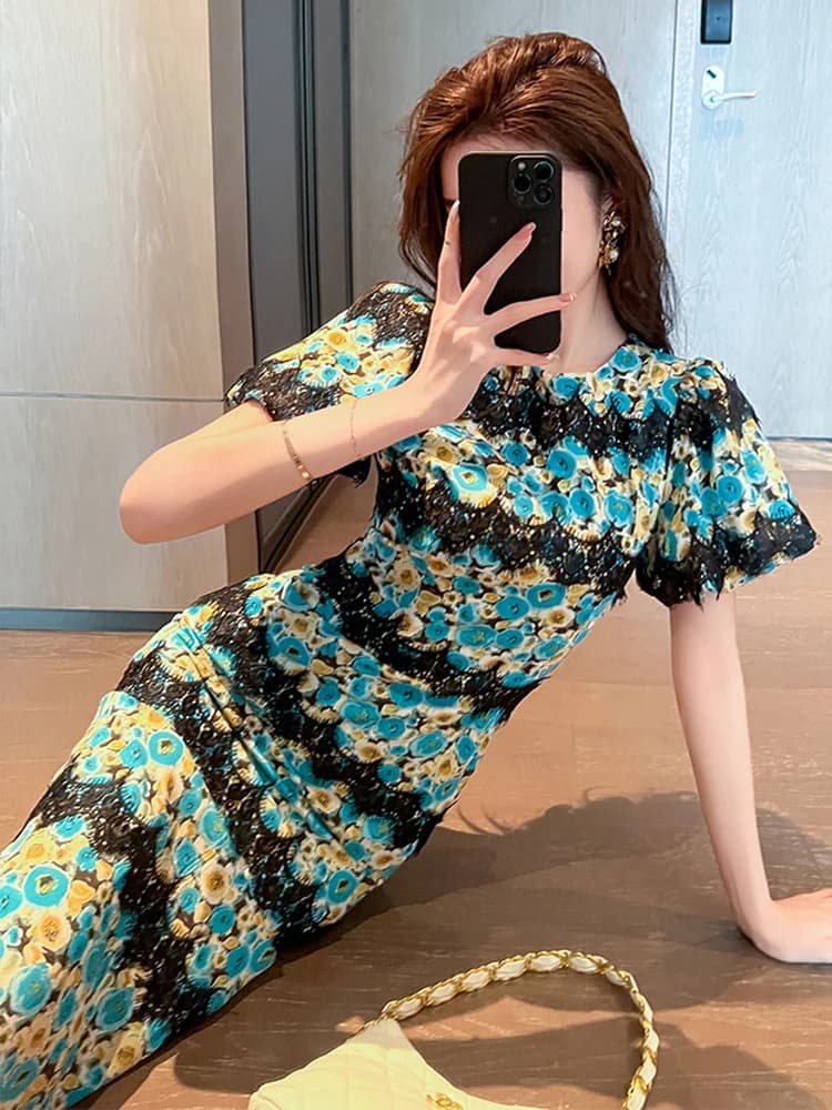 Robe mi-longue élégante pour femmes, rétro, dentelle, Satin, fleurs, longue, douce, fendue, fête, bu