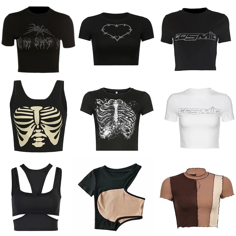 Y2k-T-shirt à Manches Courtes et Col Rond pour Femme, Vêtement d'Été Sexy, Punk, Vintage, Gothique, 