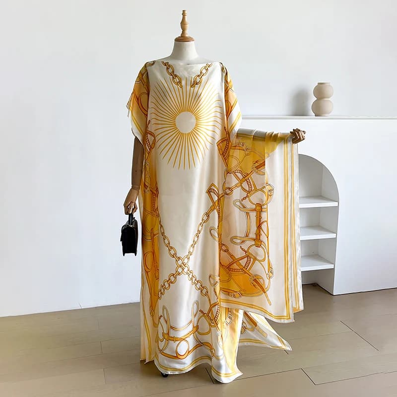 NOUVELLE Robe d'été imprimée tendance avec grande écharpe, Kaftan Dubaï Turquie, Abaya ample musulma