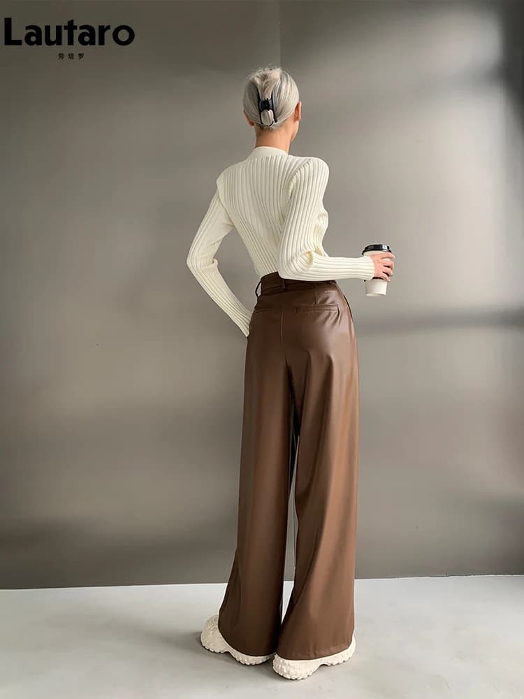Lautaro-Pantalon à jambes larges en cuir PU pour femme, décontracté, fluide, doux, noir, marron, tai