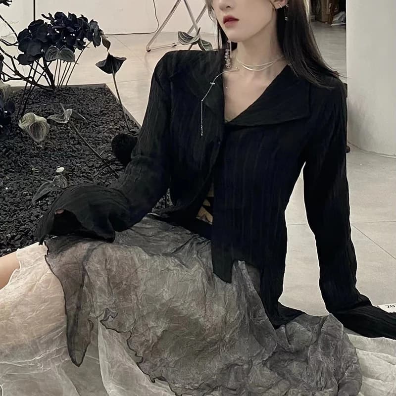 Chemises gothiques noires pour femmes, coréen, académique foncé, conçu, hauts irréguliers, mode prin