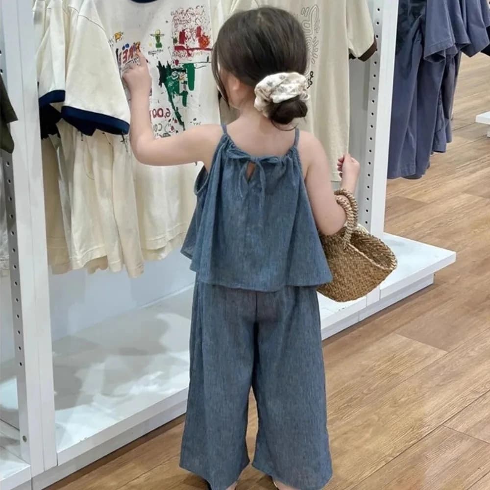Tenue d'été Simple et décontractée pour filles, haut à bretelles sans manches + pantalon, ensemble 2