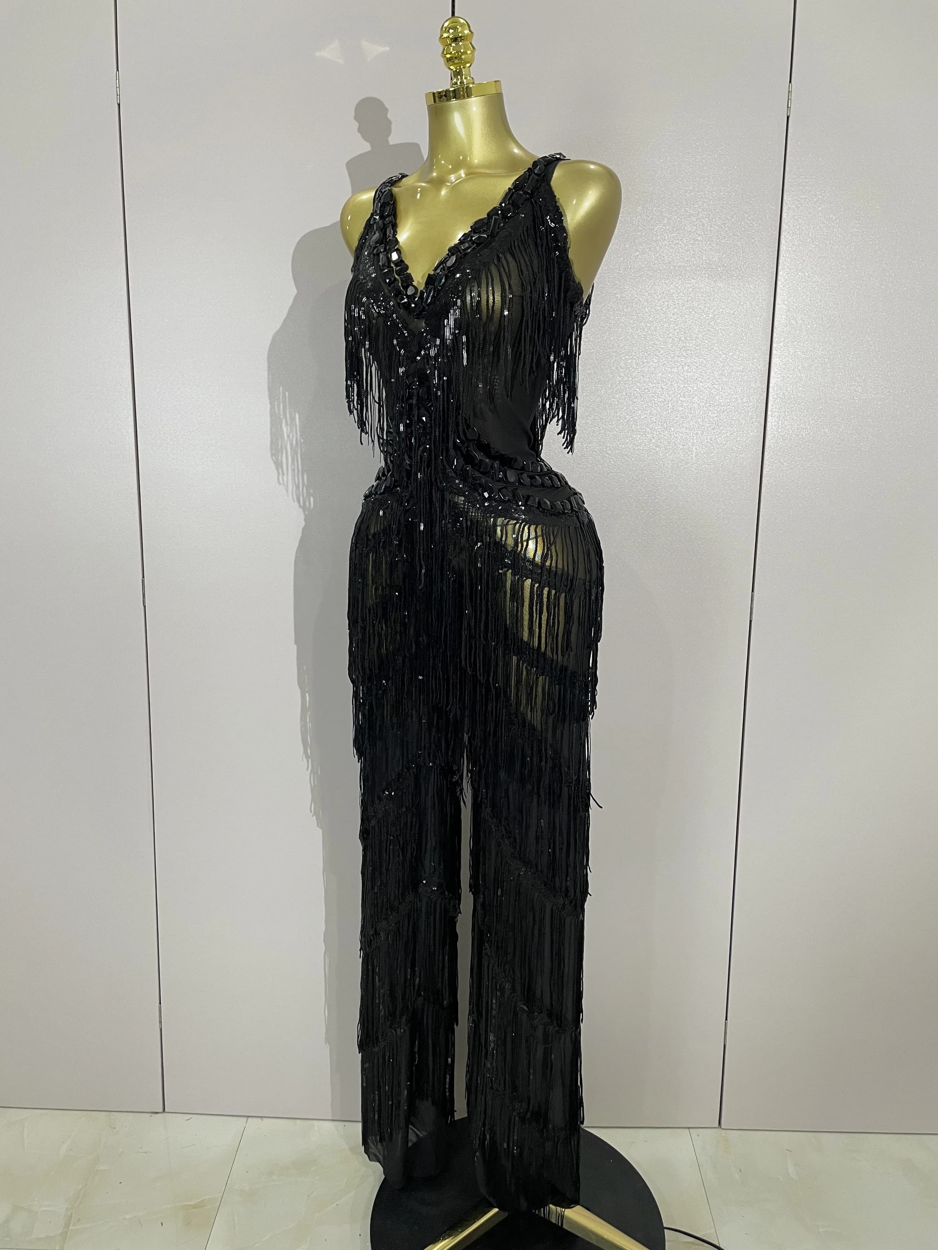 Combinaison à franges et paillettes pour femmes, strass noirs scintillants, tenue Sexy pour boîte de