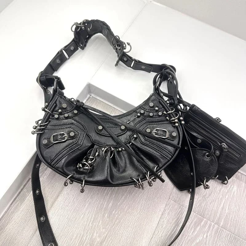 Ensemble de sacs punk pour femmes, sac fourre-tout blanc froissé avec pochette assortie, design clou