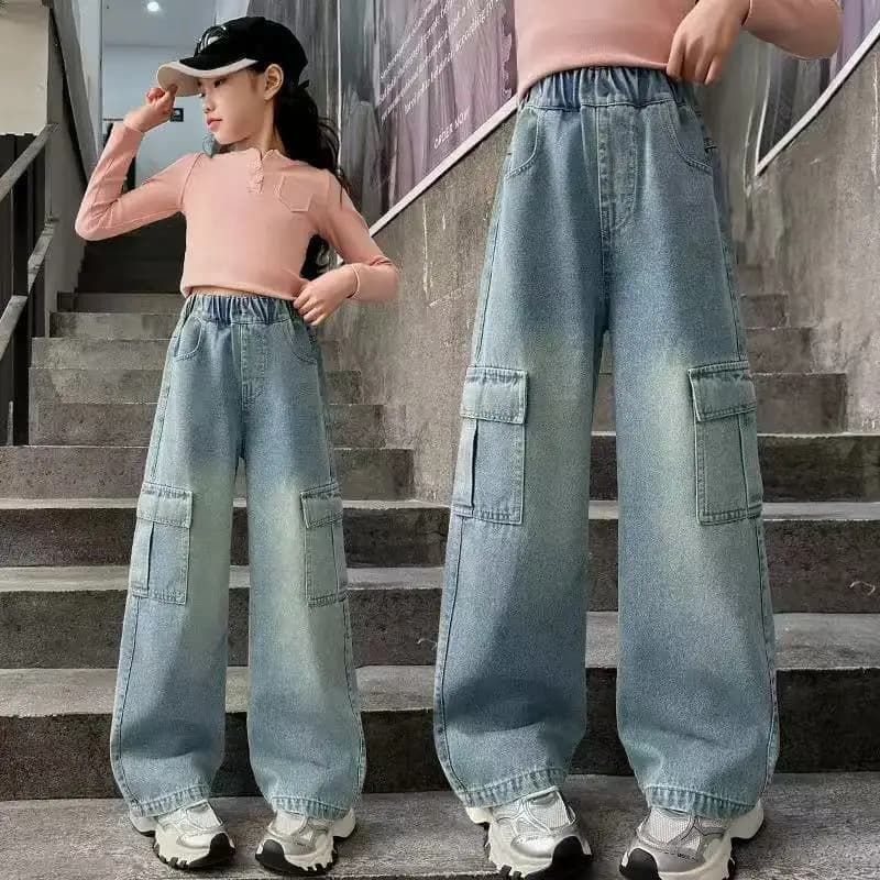 Jeans cargo pour filles, pantalons en denim à jambes larges pour enfants, vêtements de rue tendance 