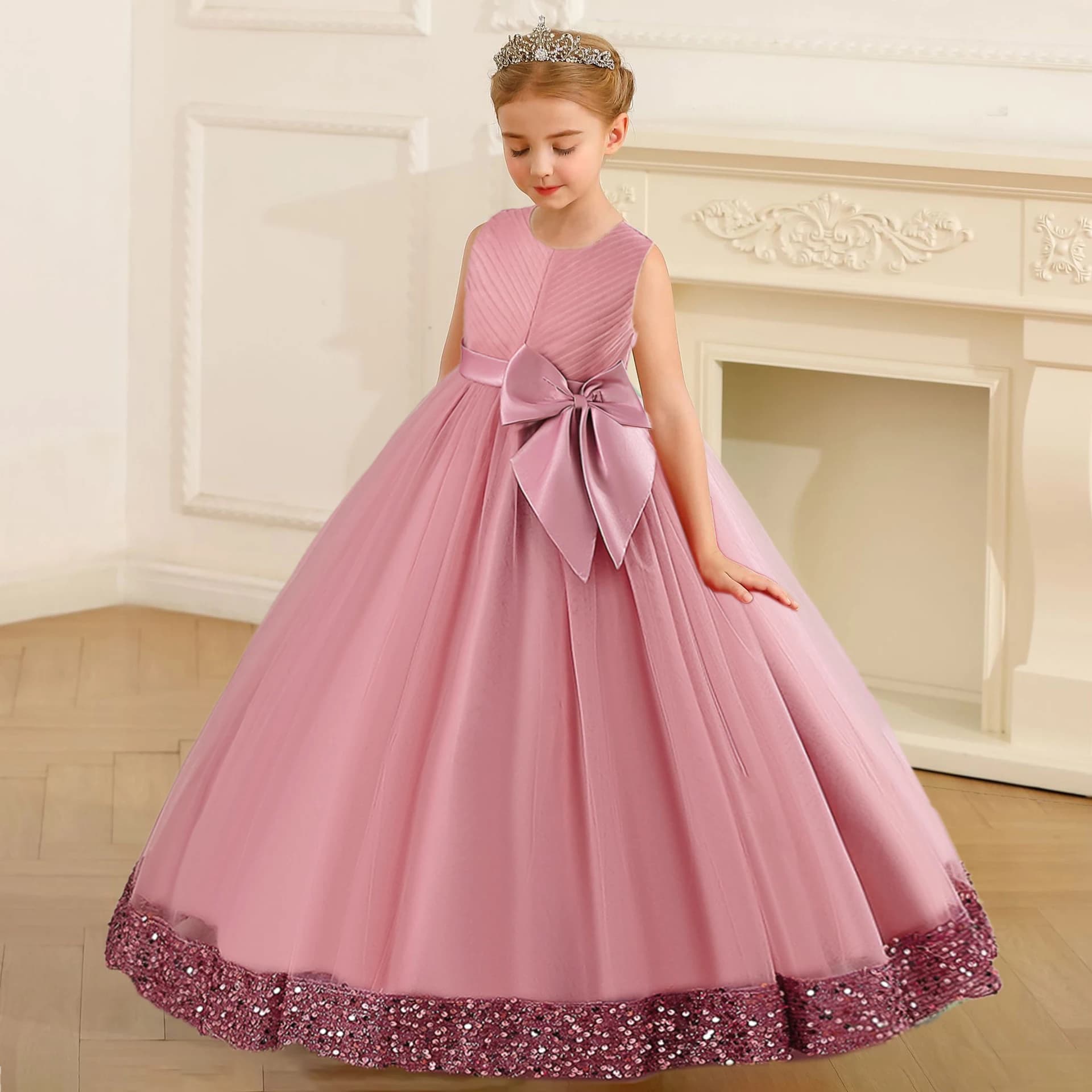 Robe princesse de demoiselle d'honneur à paillettes moelleuses pour filles, avec nœud élégant, rose,