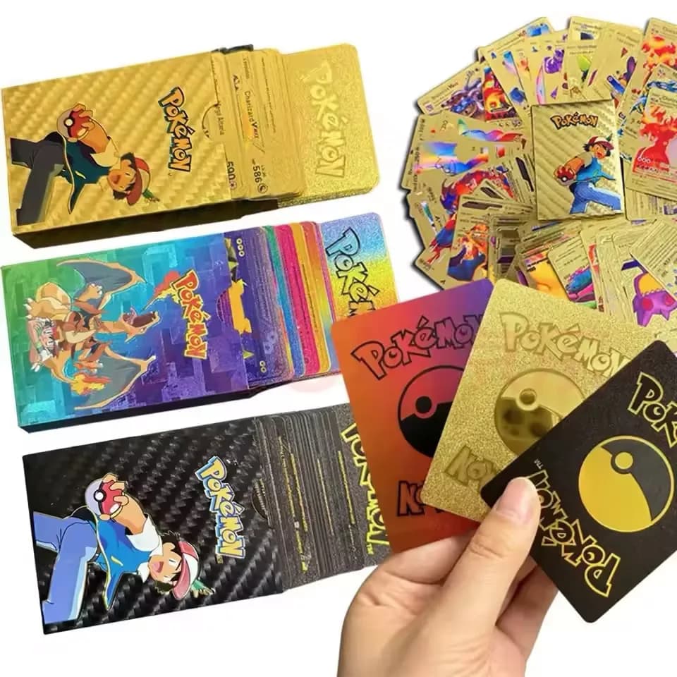 55-110 cartes Pokémon en feuille d'or, lettres dorées, anglais, espagnol, français, allemand, italie