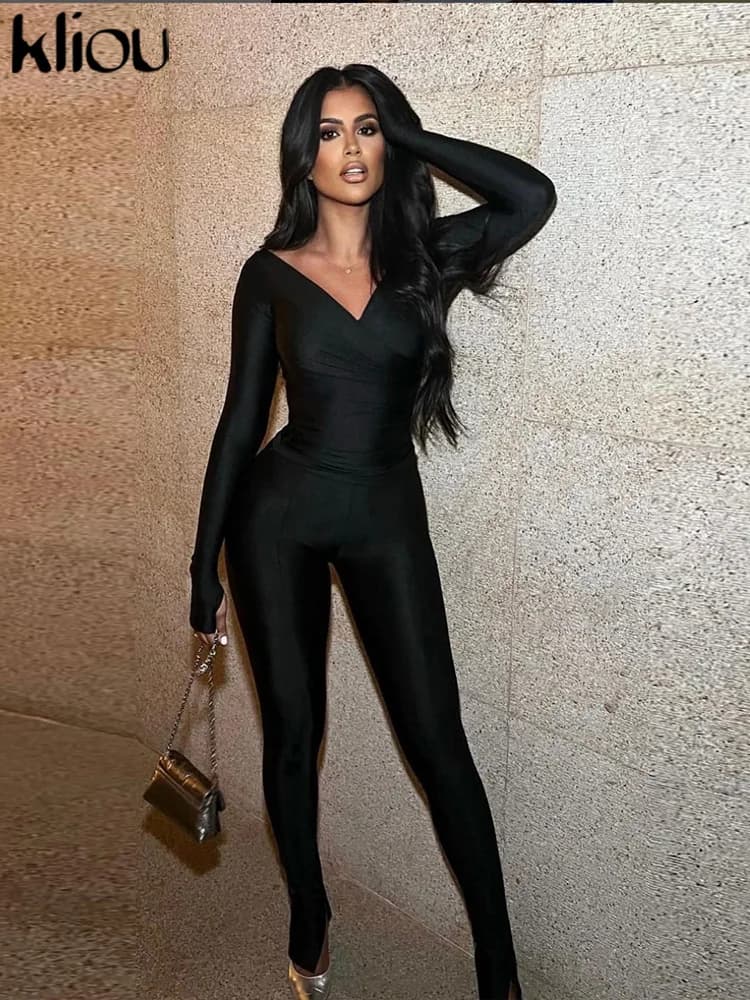 Kliou-Ensemble deux pièces décontracté en polyester brillant pour femme, longueur rinçage, t-shirts 