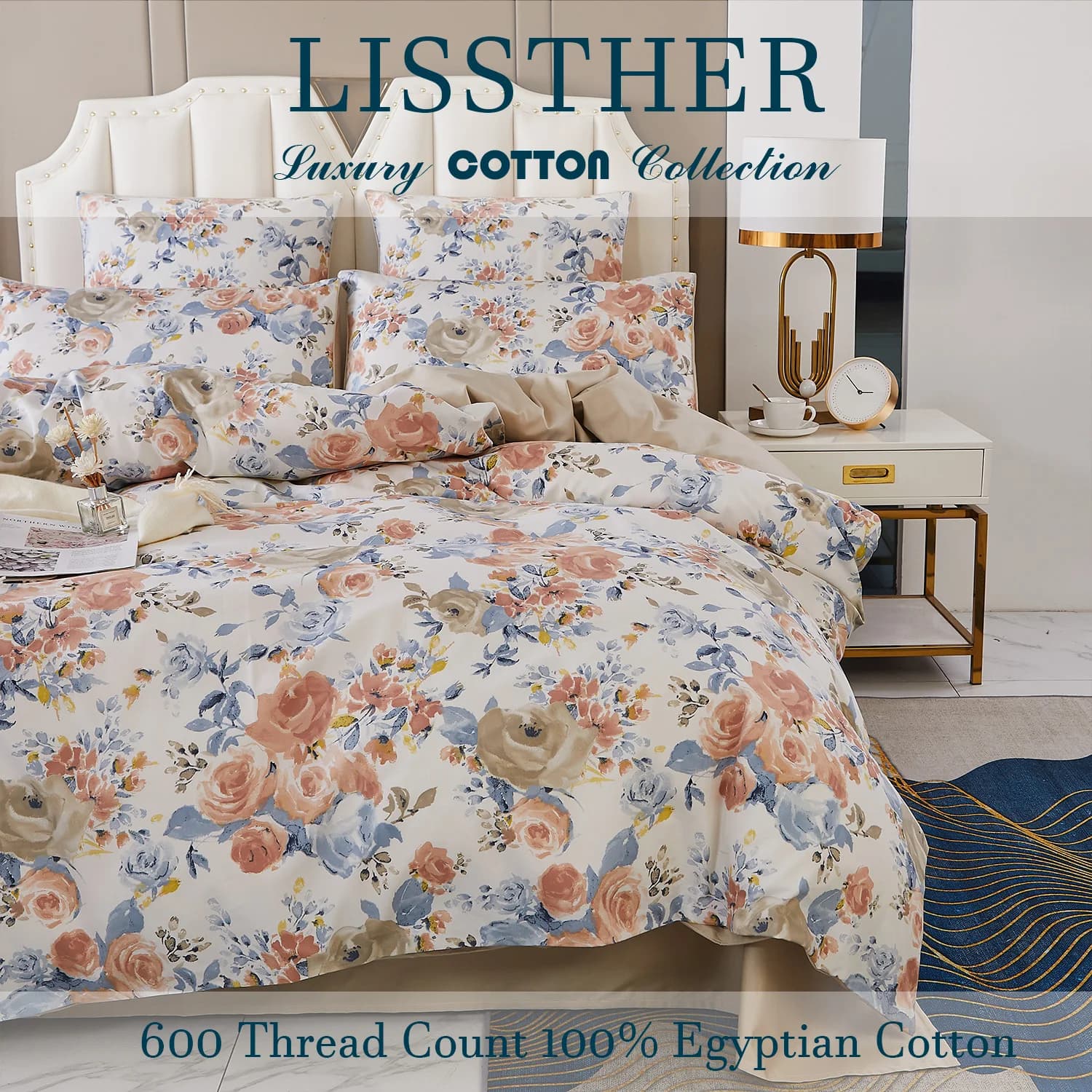 Ensemble de housse de couette 3 pièces 600TC 100% coton égyptien, imprimé Floral de jardin Vintage, 