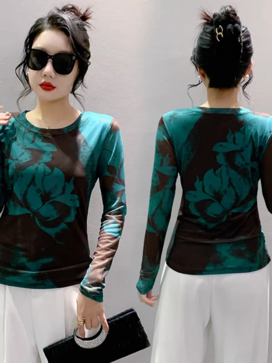 T-shirt en Maille à Col Rond pour Femme, Haut Doux, Imprimé Floral, Extensible, Slim, Printemps Été