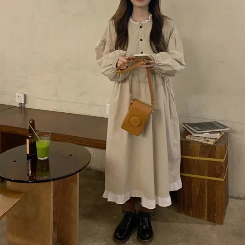 Robe mi-longue à manches longues pour femmes, robe à volants doux, jeune université, tempérament chi