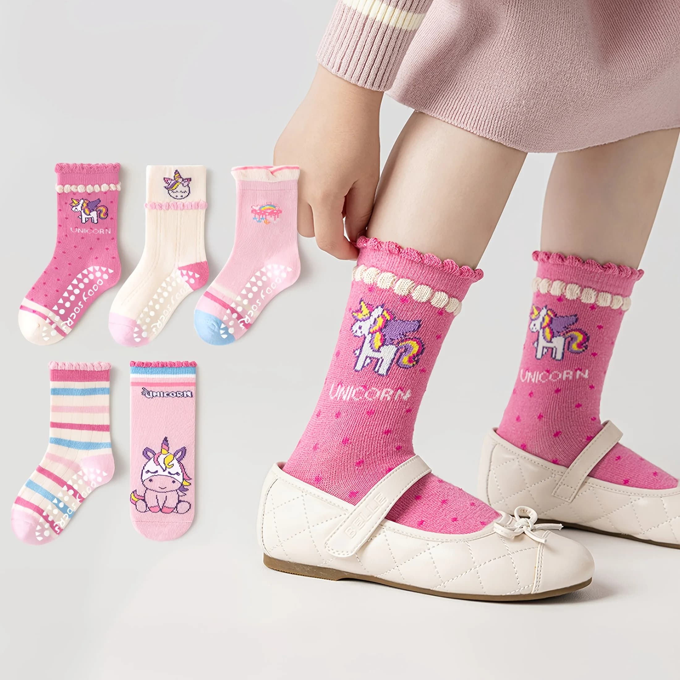 Lot de 5 chaussettes à pois pour enfants avec motif licorne arc-en-ciel et bordure en dentelle, adap