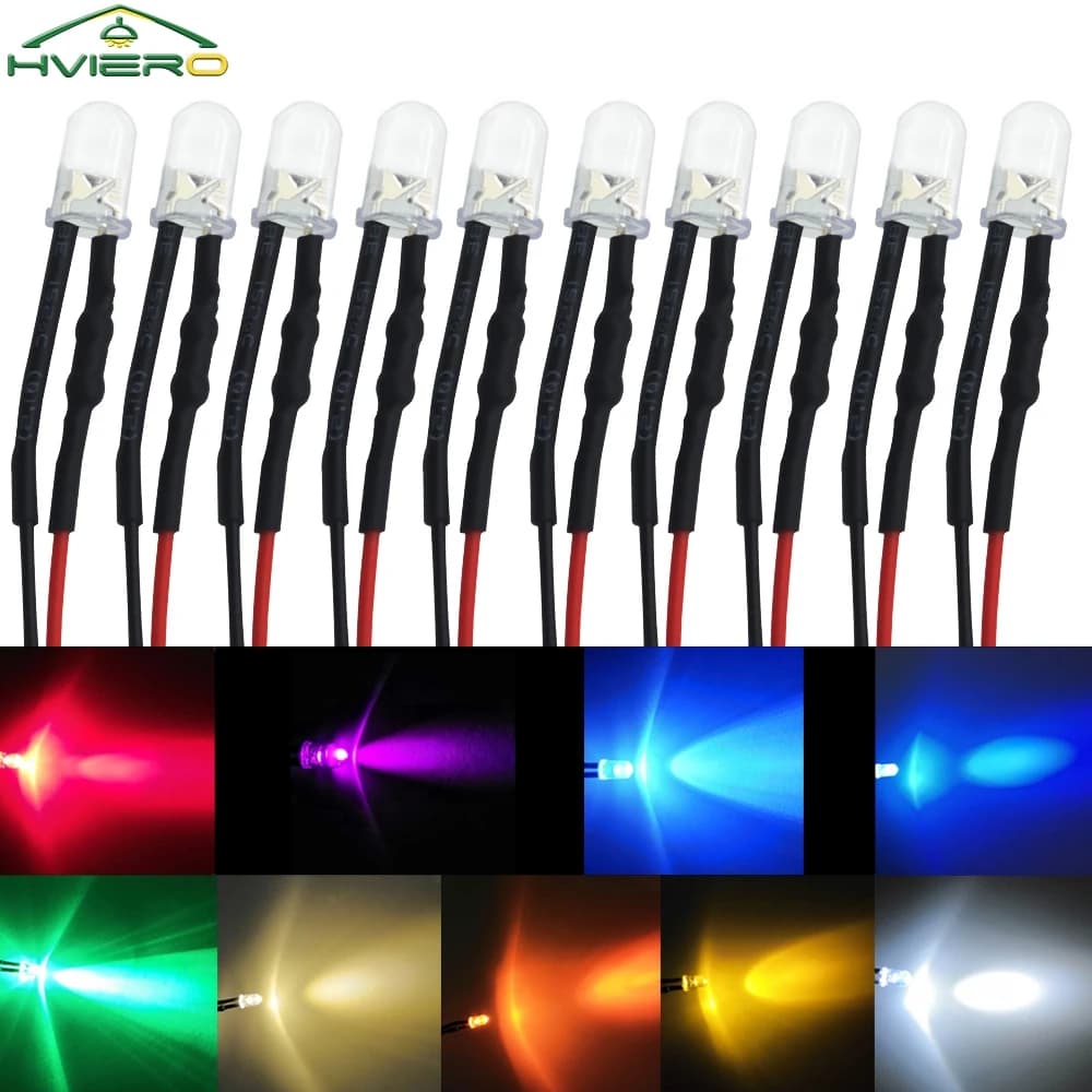10 pièces 3mm 5mm LED ronde 12V 20cm pré-câblé blanc bleu jaune lampes à diodes bricolage panneau d'